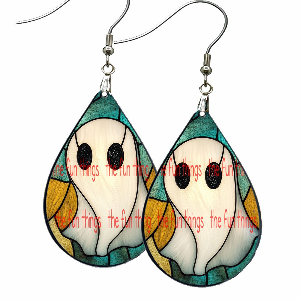 Abstract Art Faux Stained Glass Halloween Ghost Earrings Teardrop NO TARNISHING-image