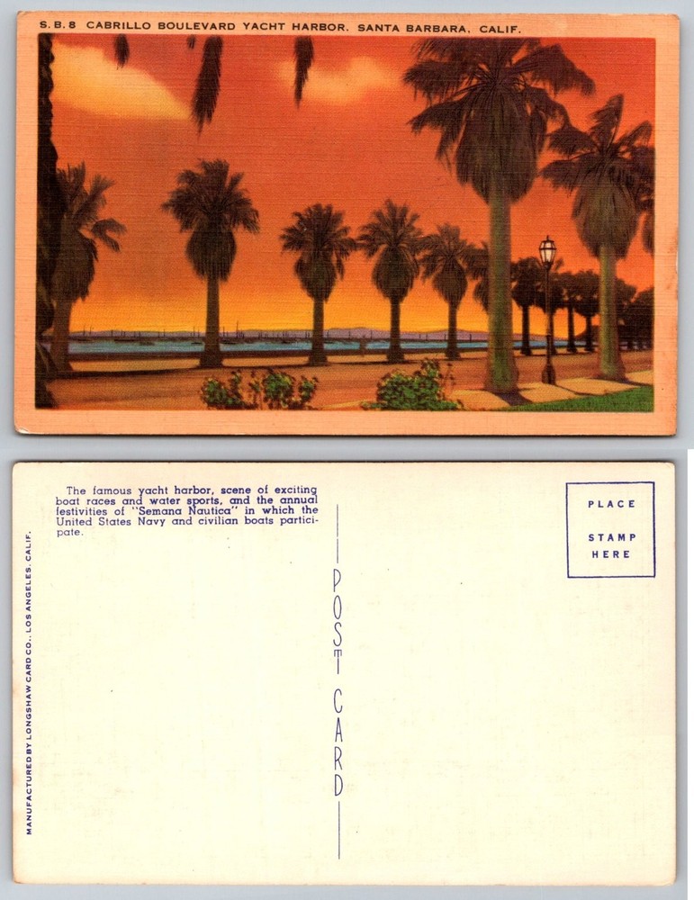 Santa Barbara CA Cabrillo Blvd Yacht Harbor Palm Trees Sunset Linen Postcard