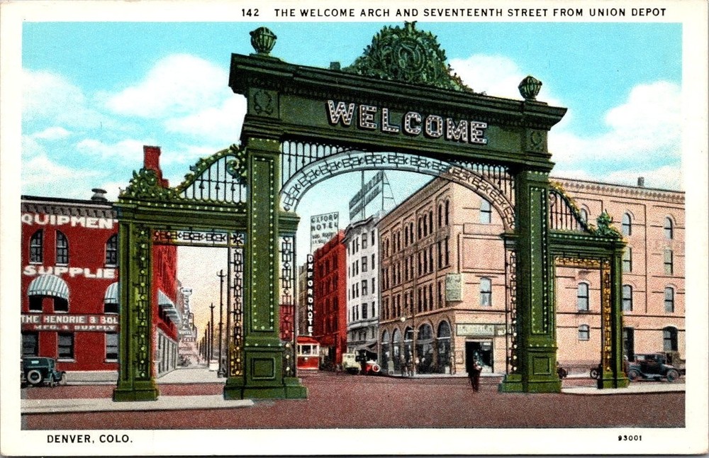 Denver Welcome Arch 17th St Union Depot Postcard Sanborn Souvenir CO