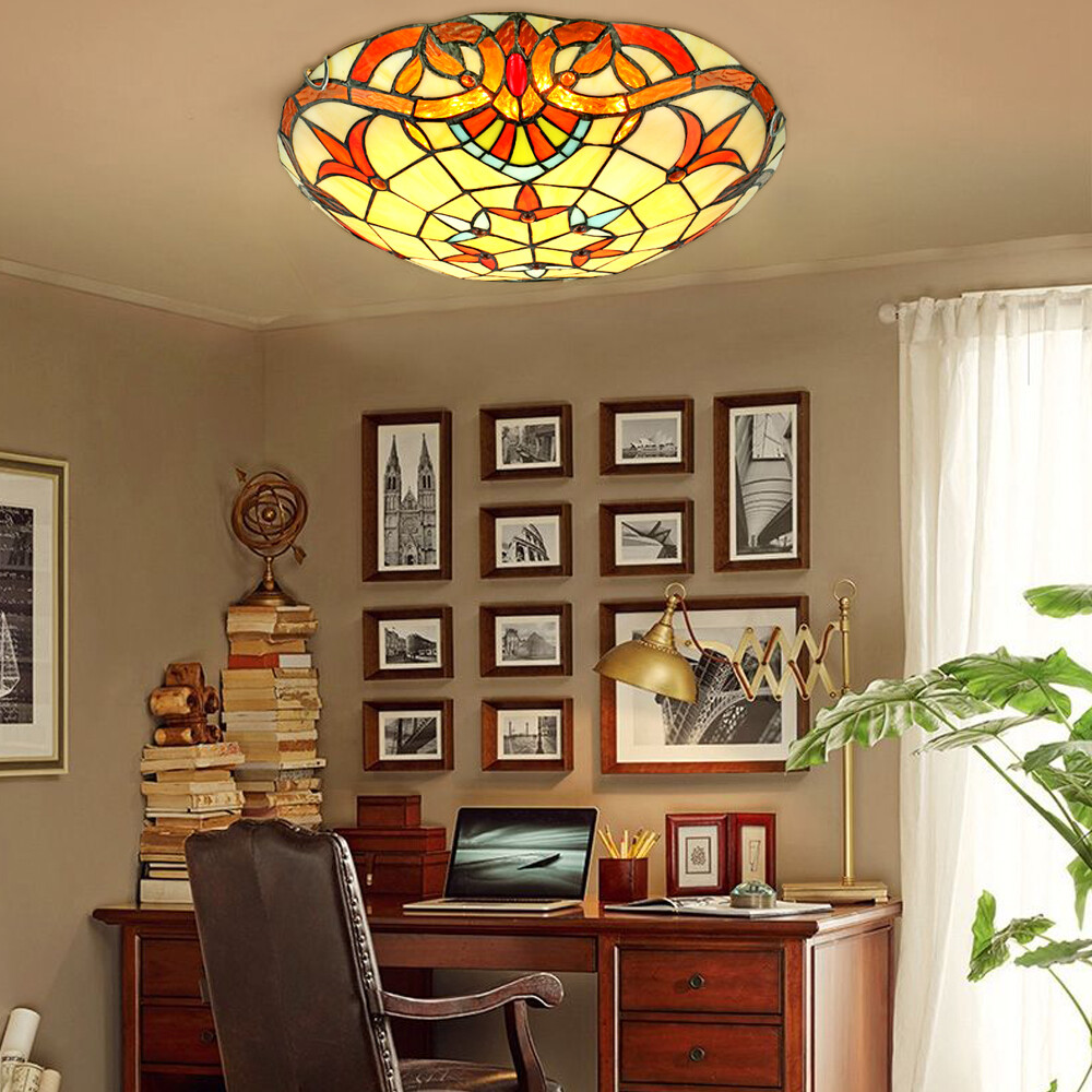 Tiffany Style Ceiling Lamp Flower Motif Stained Glass Flush Mount Light Fixture