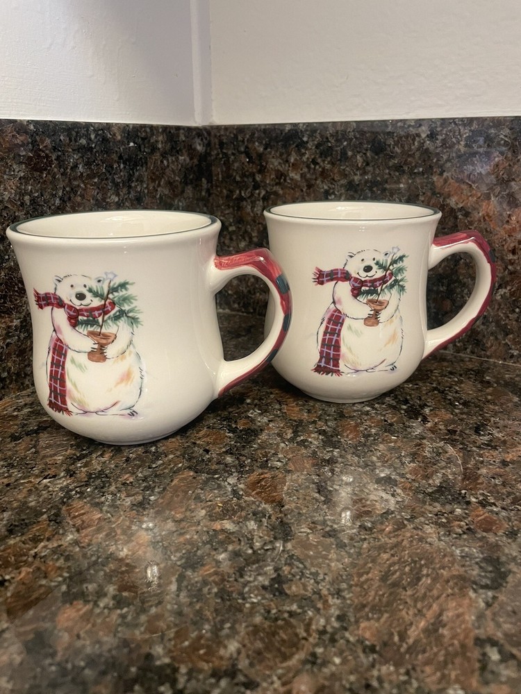 Pfaltzgraff Polar Snow Bear Christmas Mugs Lot Of 2, 16oz