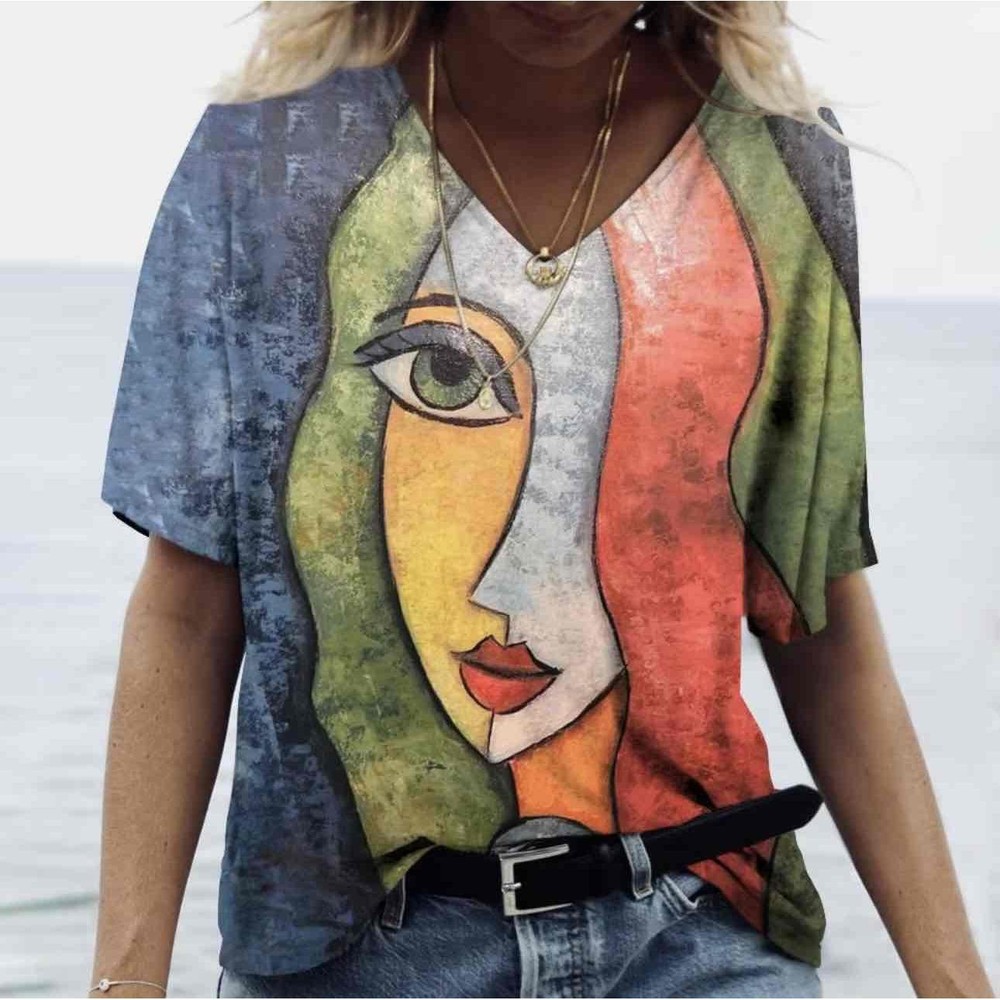 Multi Colored Abstract Picasso Face Print Short Sleeve Graphic Tee XL-image