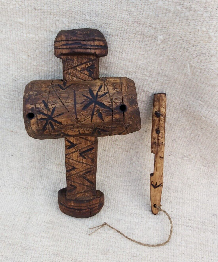 Hand Carved Moroccan Vintage Wooden Lock Door With Key, African Art