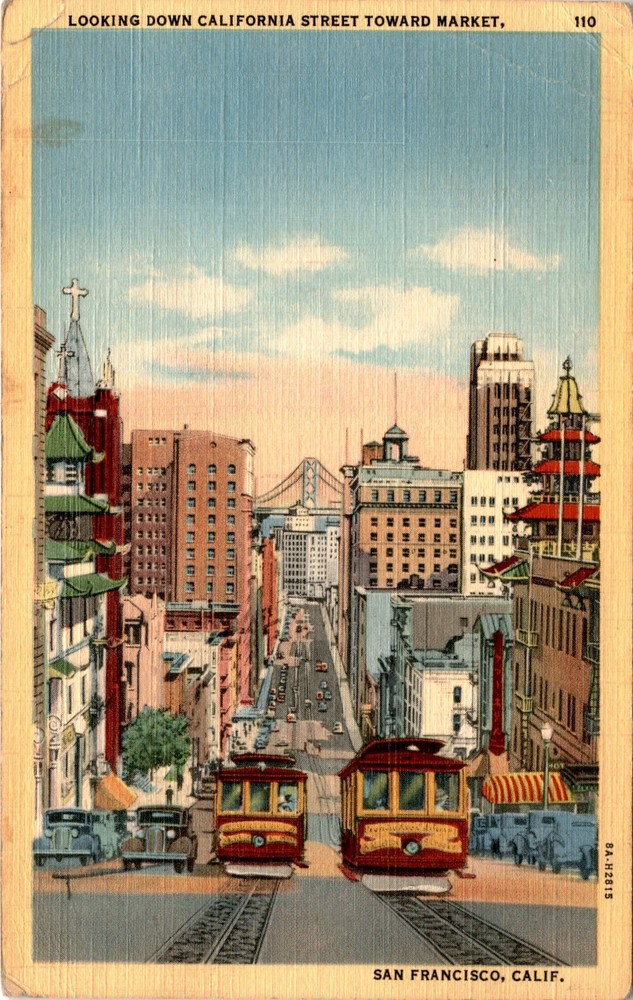 California Street, Market, San Francisco, Nob Hill, Grace Cathedral, Postcard