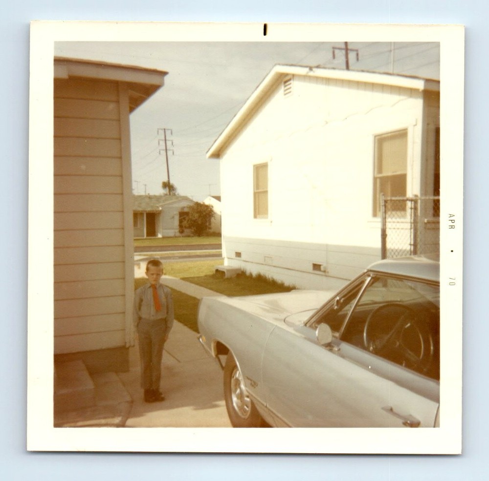Old Vintage Square Color Photo SOLO BOY BY CLASSIC CAR IN DRIVEWAY HOUSE PIC