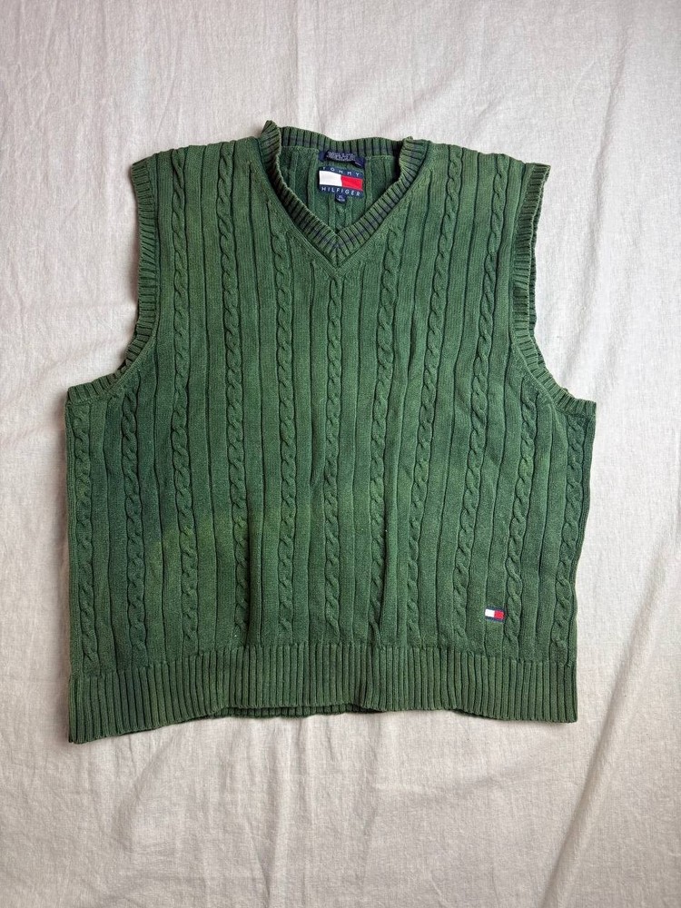 Tommy Hilfiger Sweater Vest Mens XL Green Cotton Cable Knit Logo V Neck Pullover