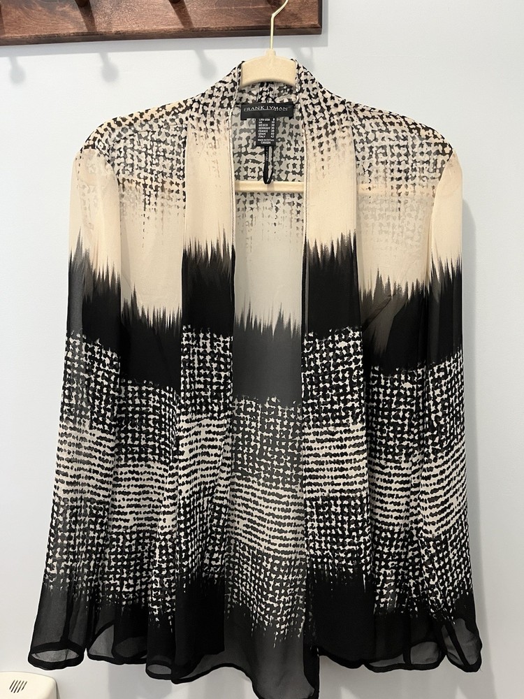 Frank Lyman Design Women's Sheer Long Sleeve Cardigan Top Size 8 Black White
