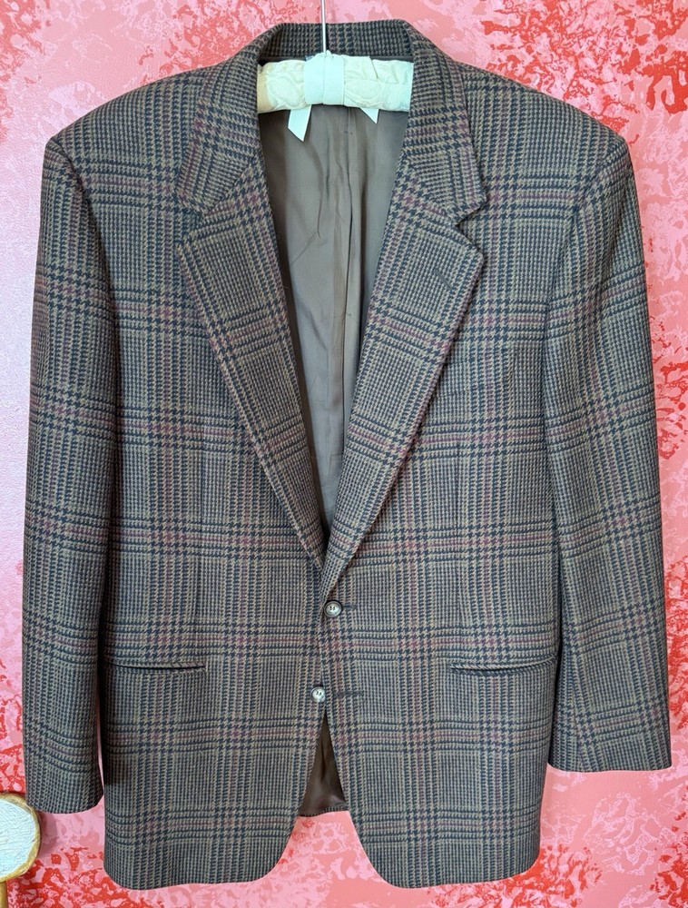Canali Milano Wool Cashmere Blazer Academia Preppy 1980s Brown Plaid US Size 40