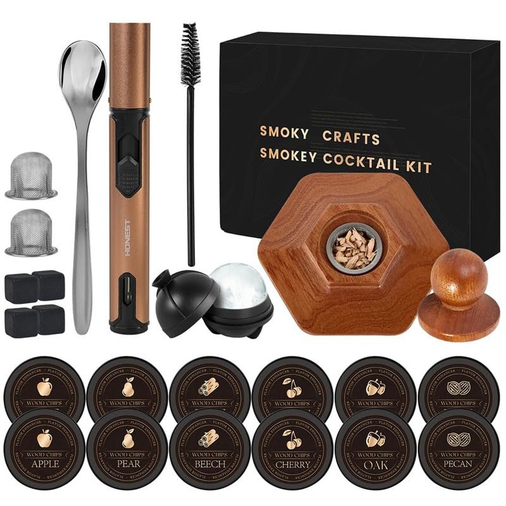 23Pcs Whiskey Smoker Kit with Torch-12 Wood Chips, Ice Ball Molds, Cocktail S...