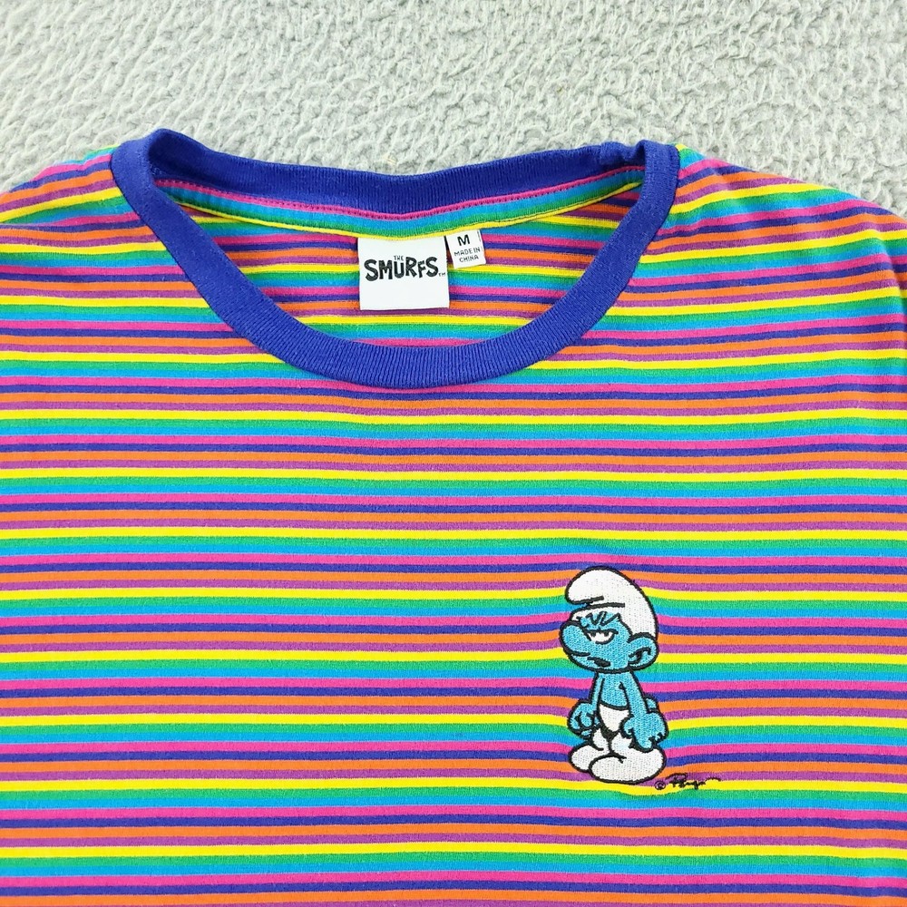 The Smurfs Shirt Mens Medium Rainbow Striped Grumpy Cartoon Tee 100% Cotton