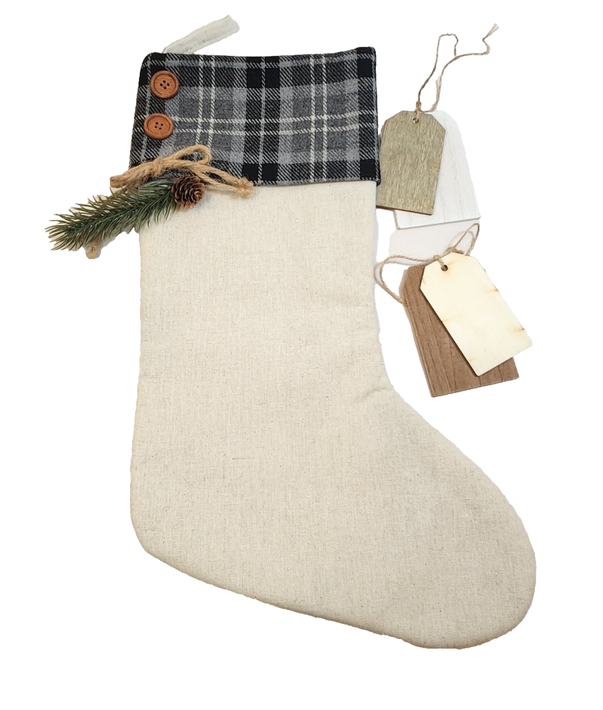 Personalization Mall Gray Plaid Evergreen Accent Tag Rustic Christmas Stocking-image