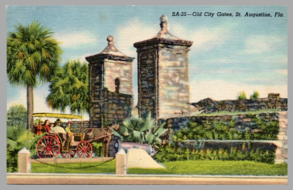 Old City Gates St. Augustine Florida Linen c1930s Vintage UNP Postcard