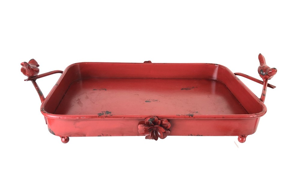 Distressed Red Painted Metal Tray with Birds on Handles 18 x 12 x 2