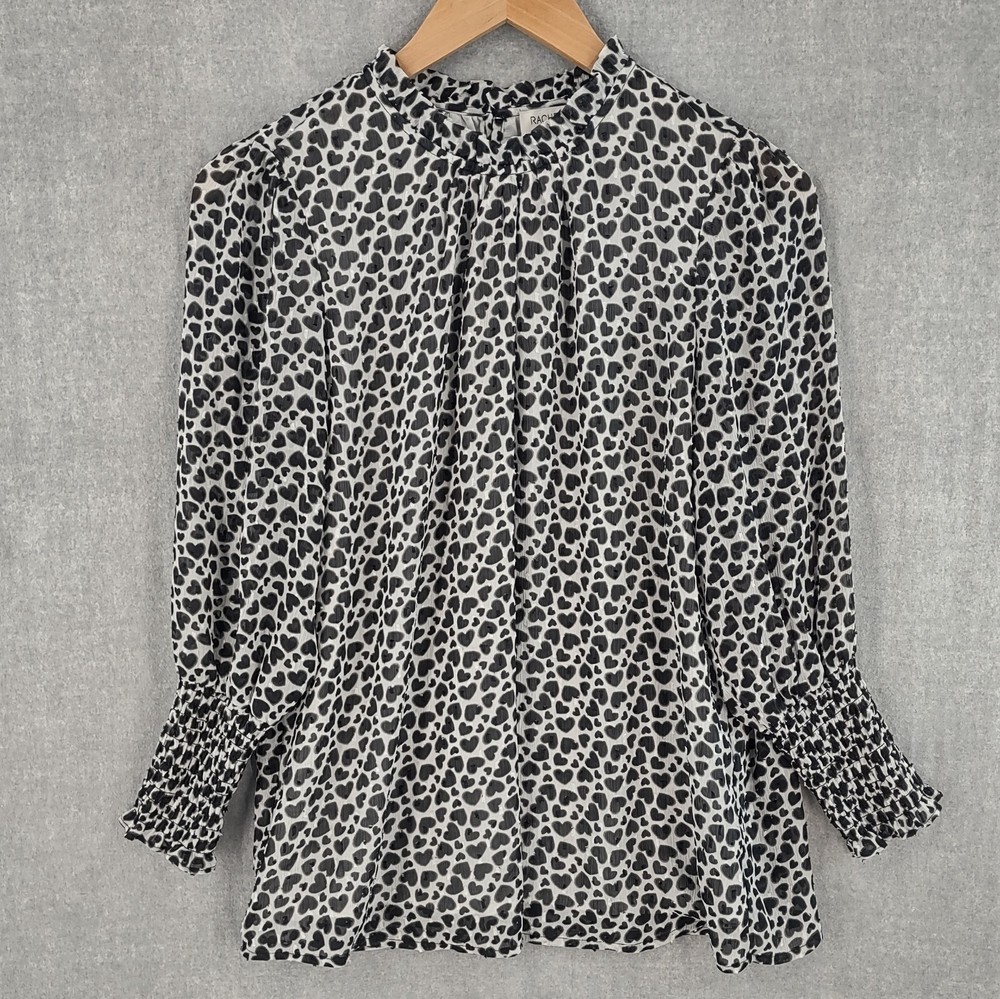 Rachel Zoe Top Womens Small Clip Dot Chiffon Heart Print High Neck Balloon Slve