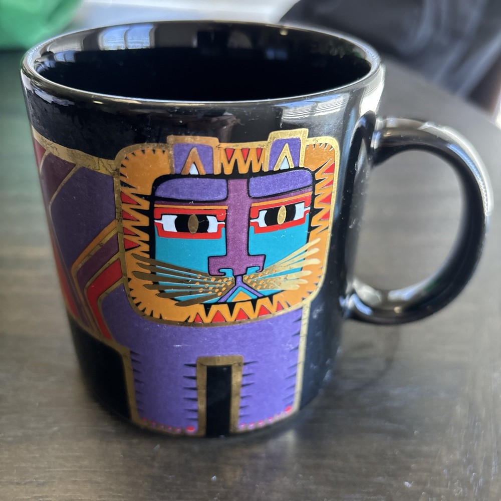 Vintage Laurel Burch Ancient Treasure Coffee Mug Japan Lion Cat Black Purple E19