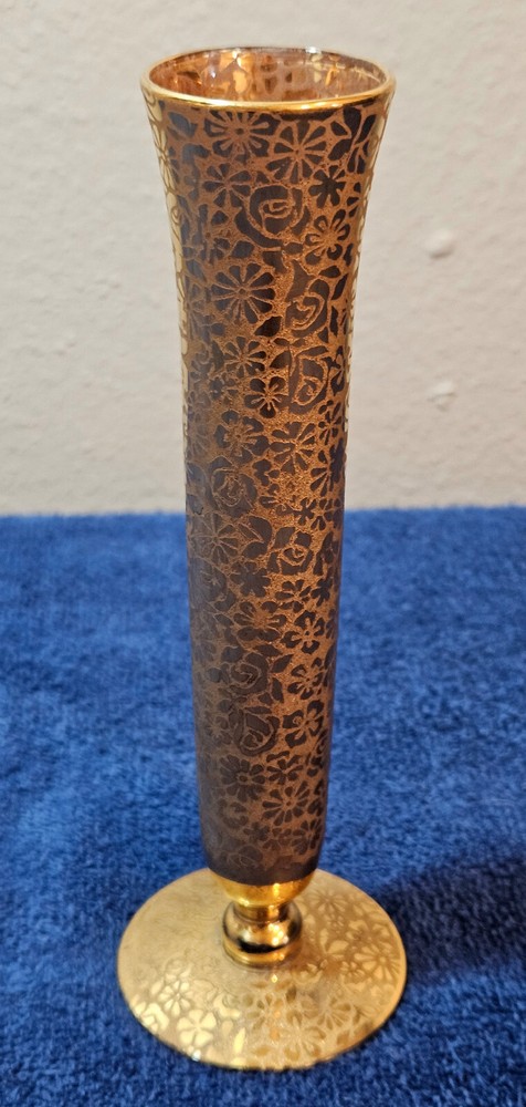 Vintage RansGil Crystal Bud Vase with 22K Gold Overlay, Floral Print 6.5