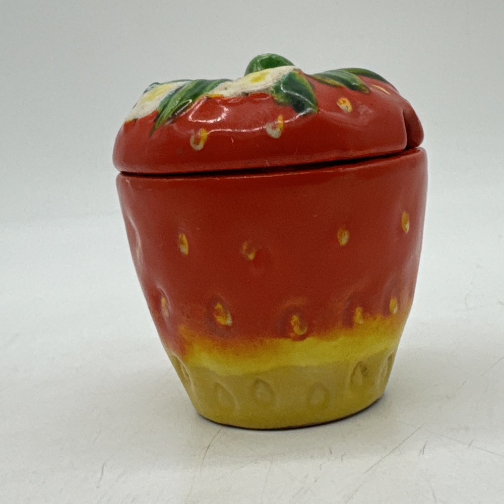 Strawberry Ceramic Mustard Jar Vintage Small 2.5” Container With Lid Japan