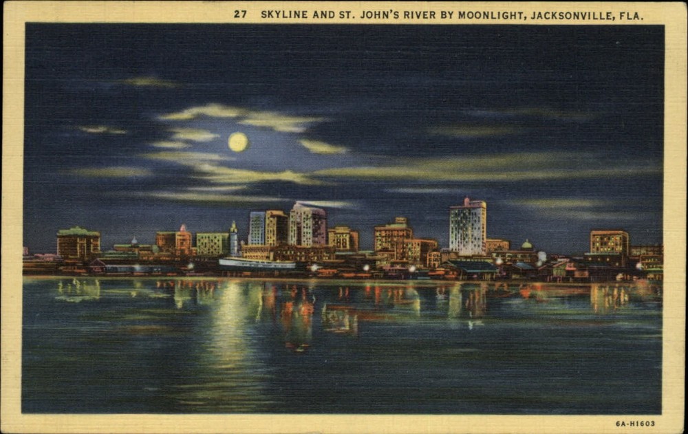 Jacksonville Florida at night full moon ~ St John's River ~ 1930s linen postcard
