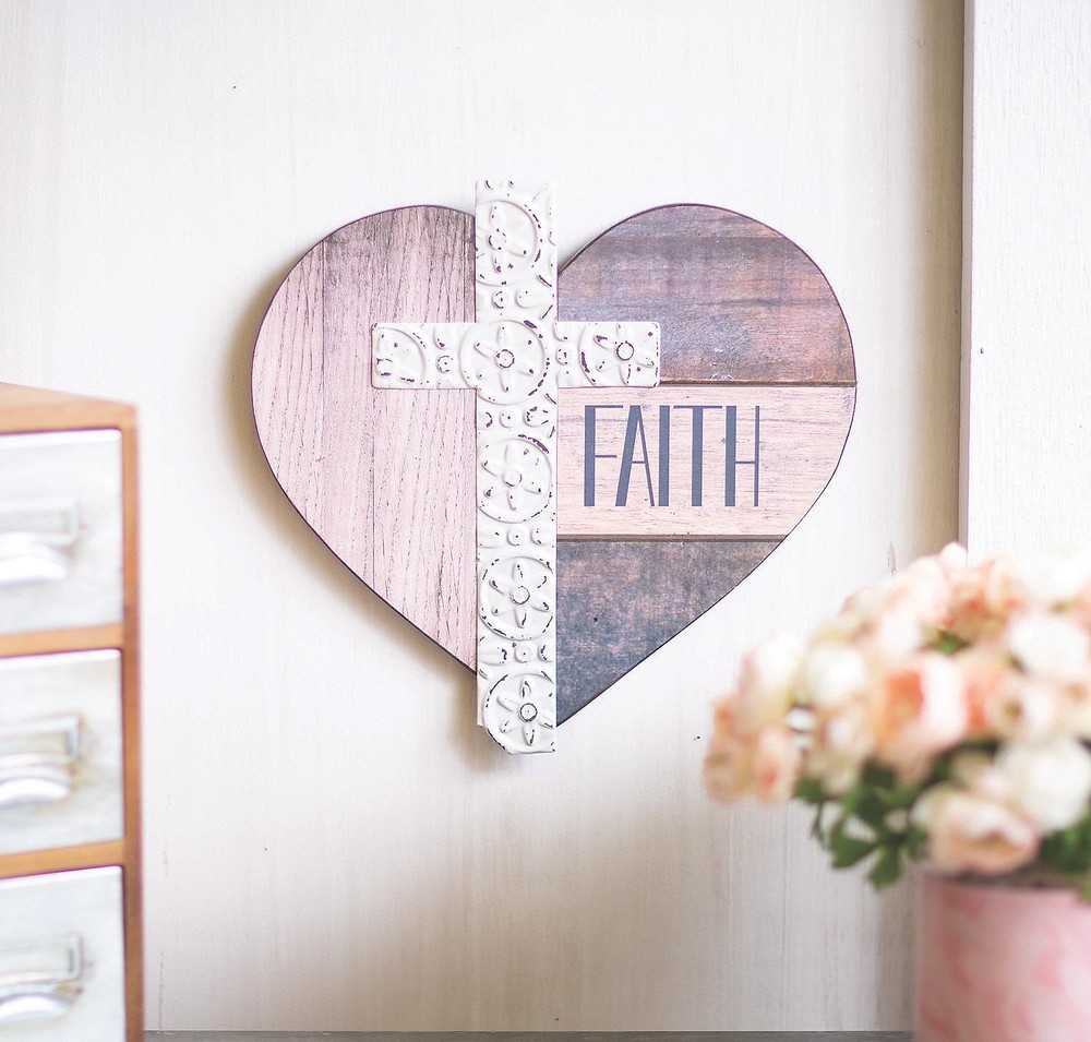 Rustic Heart Shaped Wooden FAITH Wall Sign Plaque with Metal Cross 10