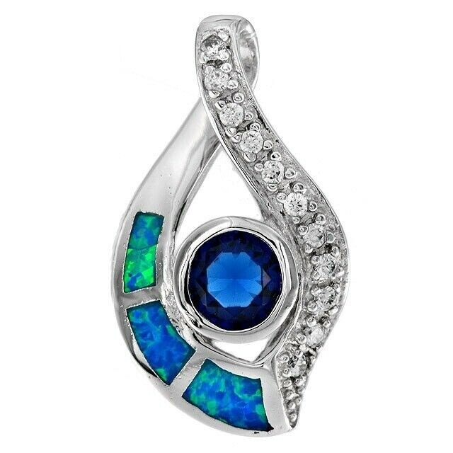 Treated Blue Sapphire & Australian Opal Inlay 925 Sterling Silver Pendant OE3