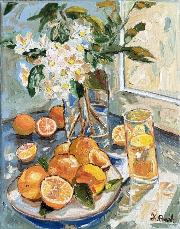 ORIGINAL OIL PAINTING STILL LIFE ORANGES & FLOWER VASE ON TABLE SIGNED 8x10