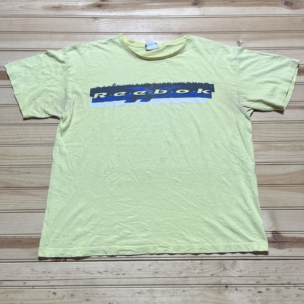 Vintage 90s Reebok Spellout Logo Yellow Green Shirt - Men’s Size XL