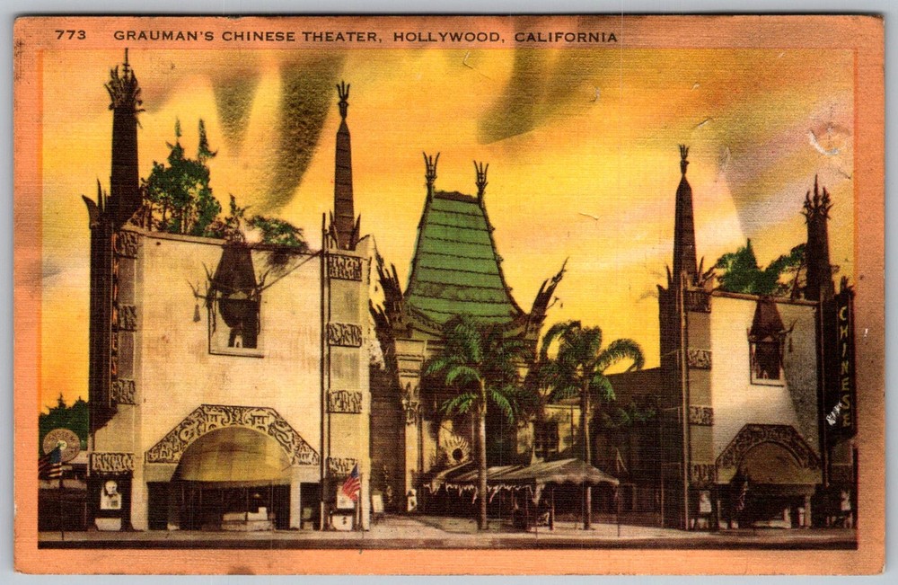 Vtg Linen Postcard Grauman's Chinese Theatre Hollywood, CA 1930s