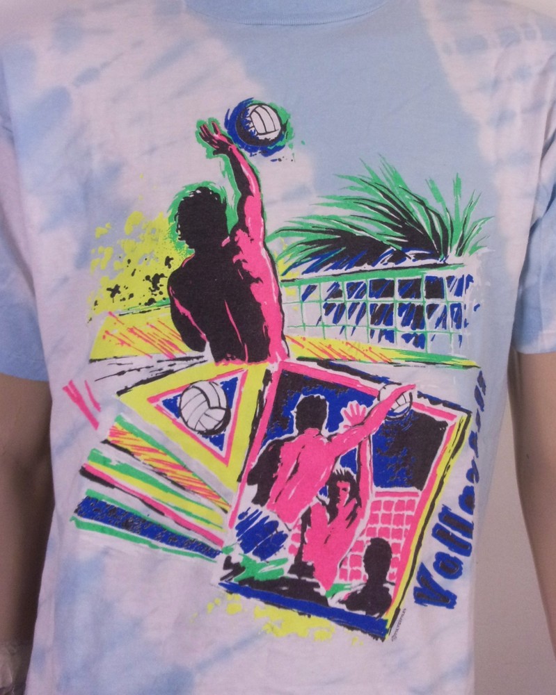 vintage 80s 90s Neon Volleyball Tie Dye T-Shirt single stitch soft SZ XL