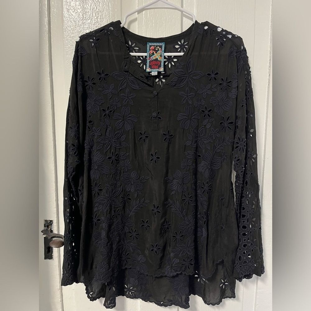 Johnny Was Eyelet Black Floral blouse with button neckline size XS
