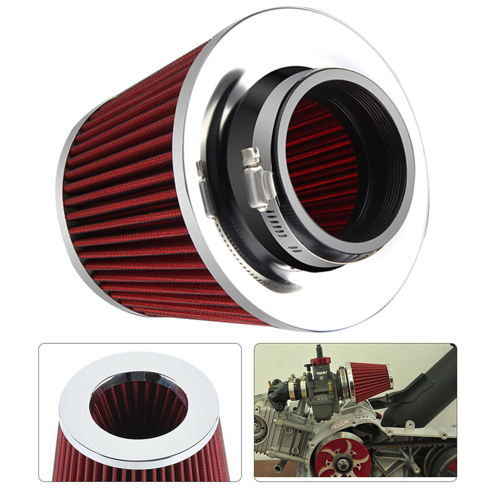 Universal Air Filter Induction Kit Sports Car Cone Chrome Finish Red 76mm 3