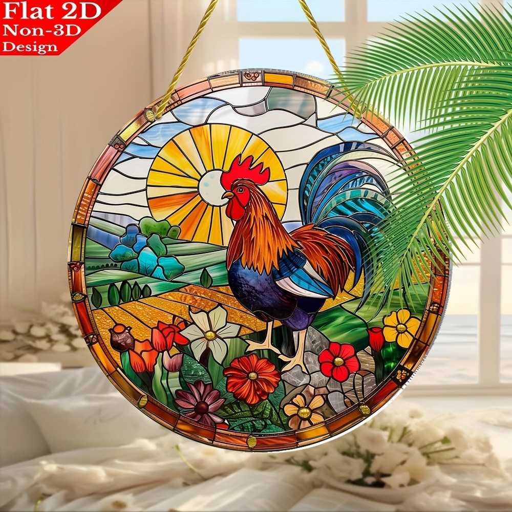 8x8 Rooster Flower Suncatcher Glass Effect Wall Decor