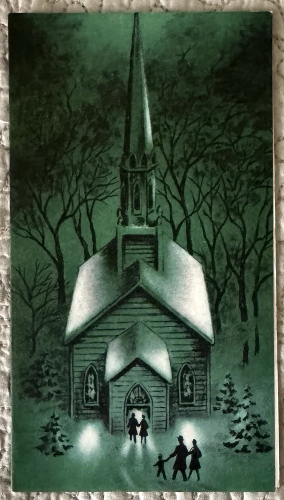 Vintage Christmas Church People Walking Snow Green Greeting Card 1940s 1950s
