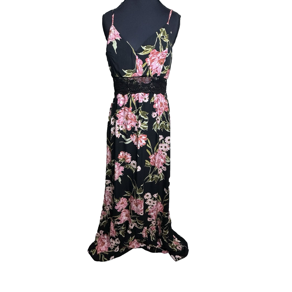 Lily Rose Women's Black Pink Floral Maxi Dress Boho Romantic Festival Size L.