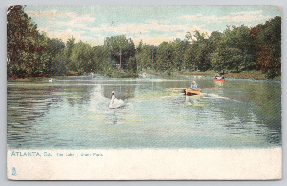 1907 Atlanta GA Grant Park Lake Abana Swan Boating Raphael Tuck Postcard