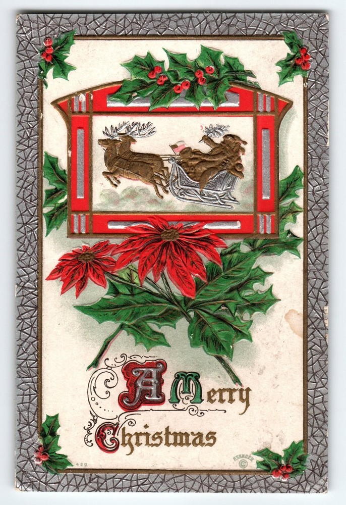 Vintage Embossed Merry Christmas Santa Sleigh Postcard 1910 Antique Greetings