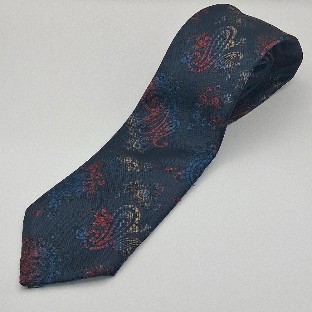 Vintage Cappuccino Tie Mens Navy Blue Red Gold Paisley Golden Clasp Necktie...