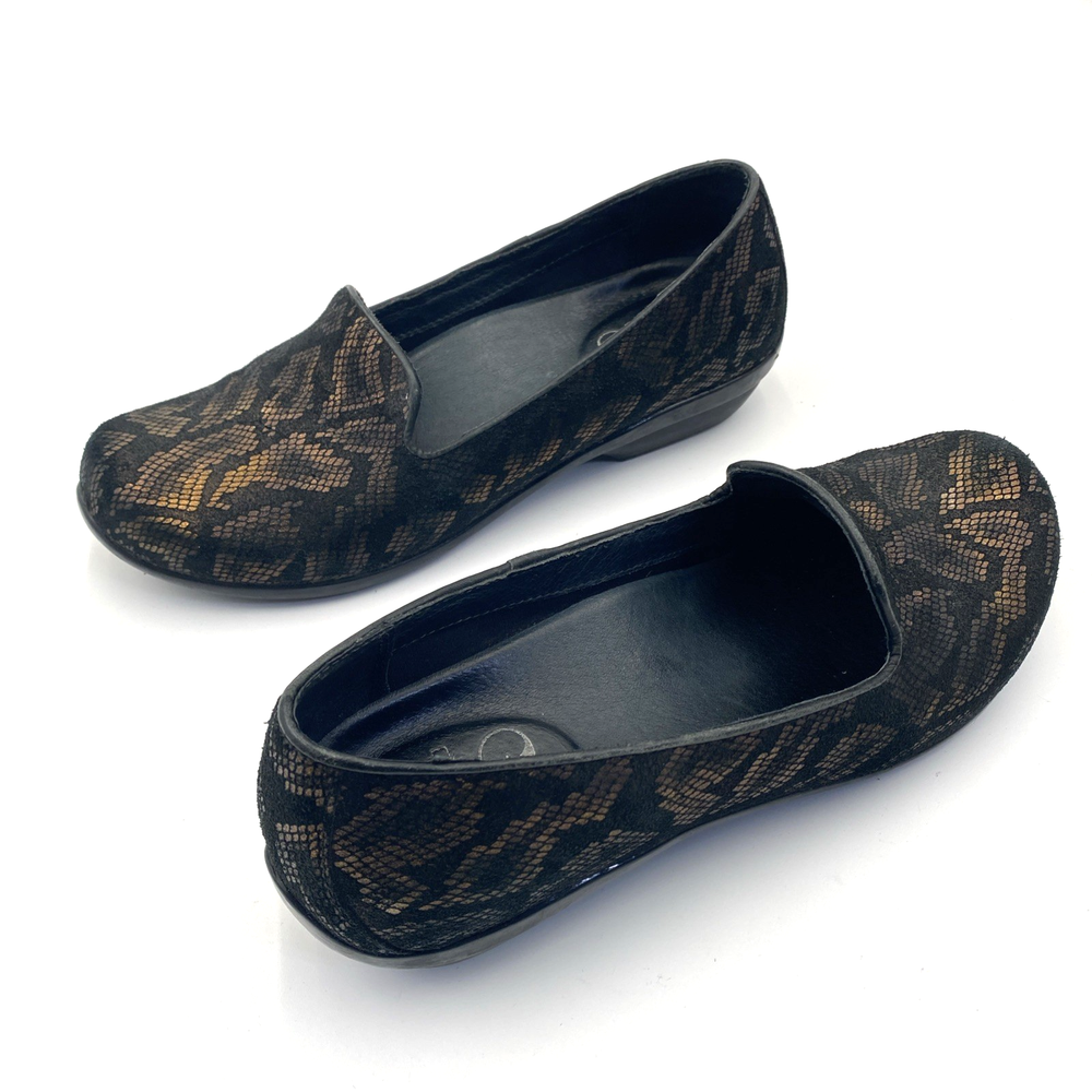Dansko Olivia Bronze Black Leather Snake Skin Loafers Women Shoes Size 38 US 7.5