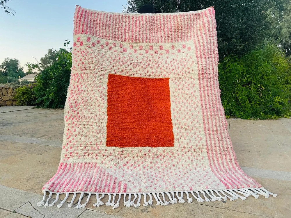 Moroccan Berber Beni Ourain Wool Rug Color Orange & Pink Handmade Carpet Rug