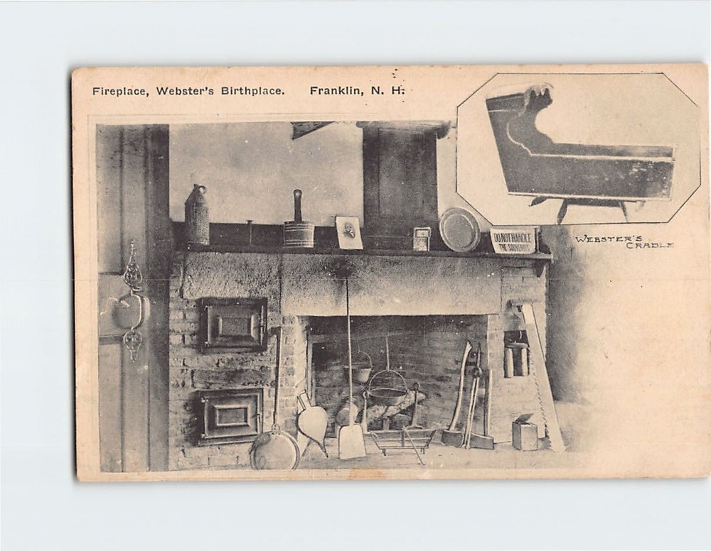 Postcard Fireplace at The birthplace of Daniel Webster in Franklin NH