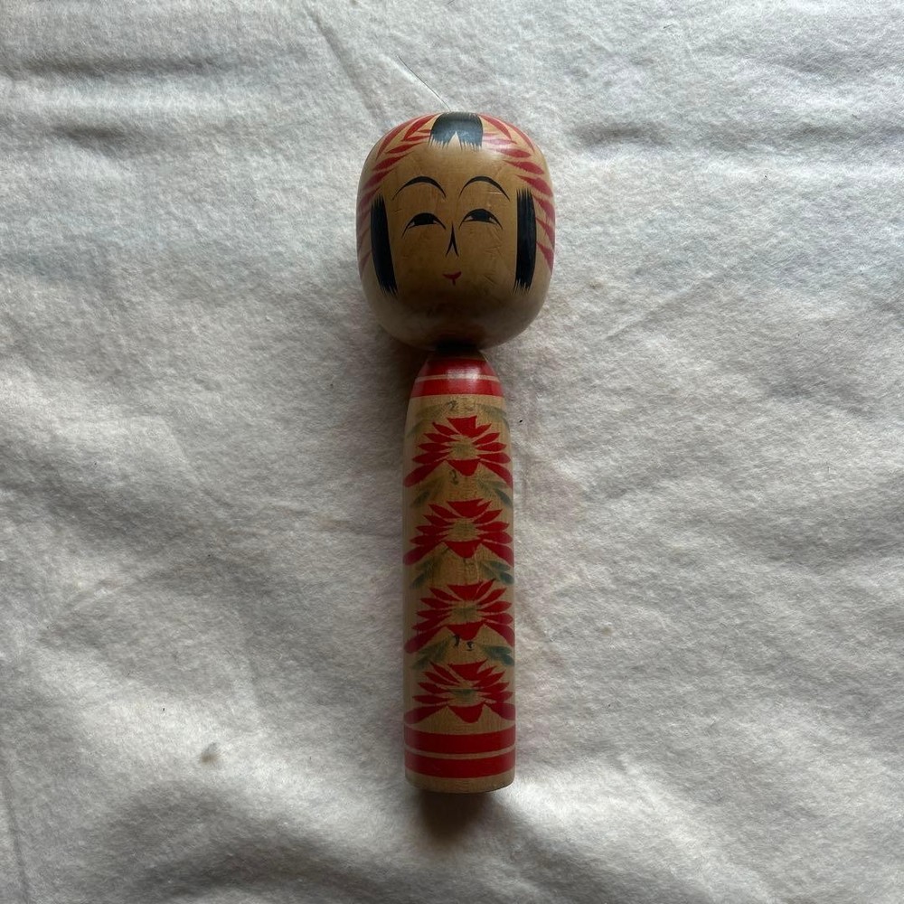Masao Traditional Wooden Kokeshi Red White Striped Design Vintage Collectible