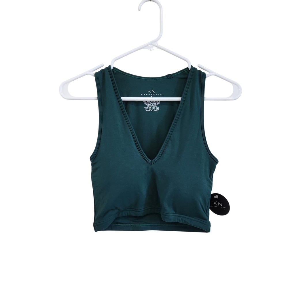 Klassy Network Deep V Neck Dark Green Crop Top Brami Tank Built in Bra Large