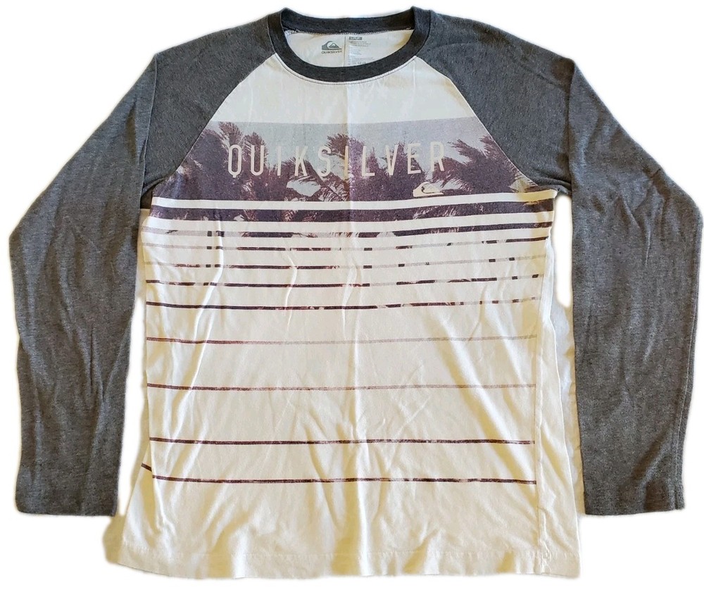 Quiksilver Men's White Gray Graphic Logo T-Shirt Crew Neck Long Sleeve L Cotton