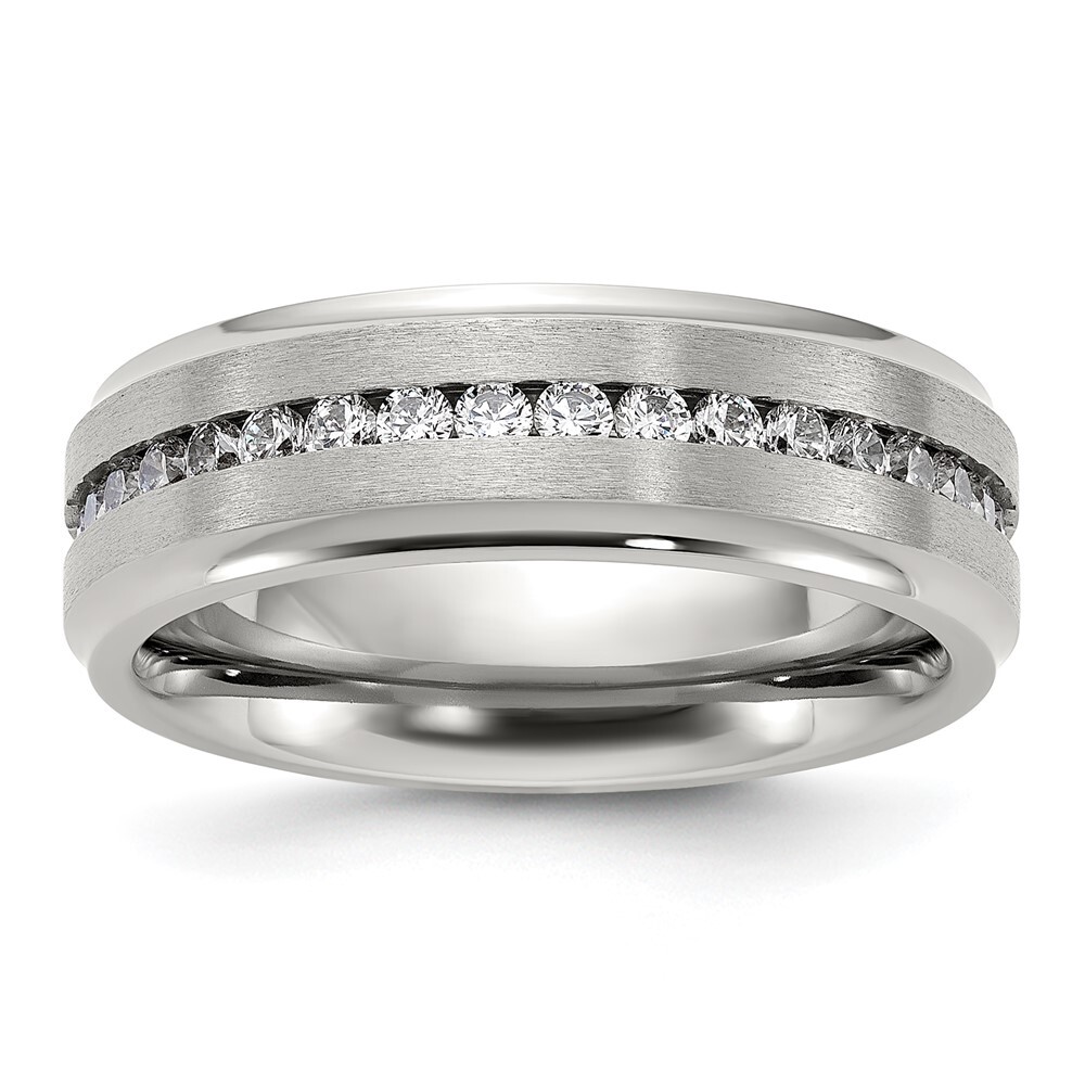 Titanium Polished with Brushed Center and Cubic Zirconia 7mm Band Ring Size 11