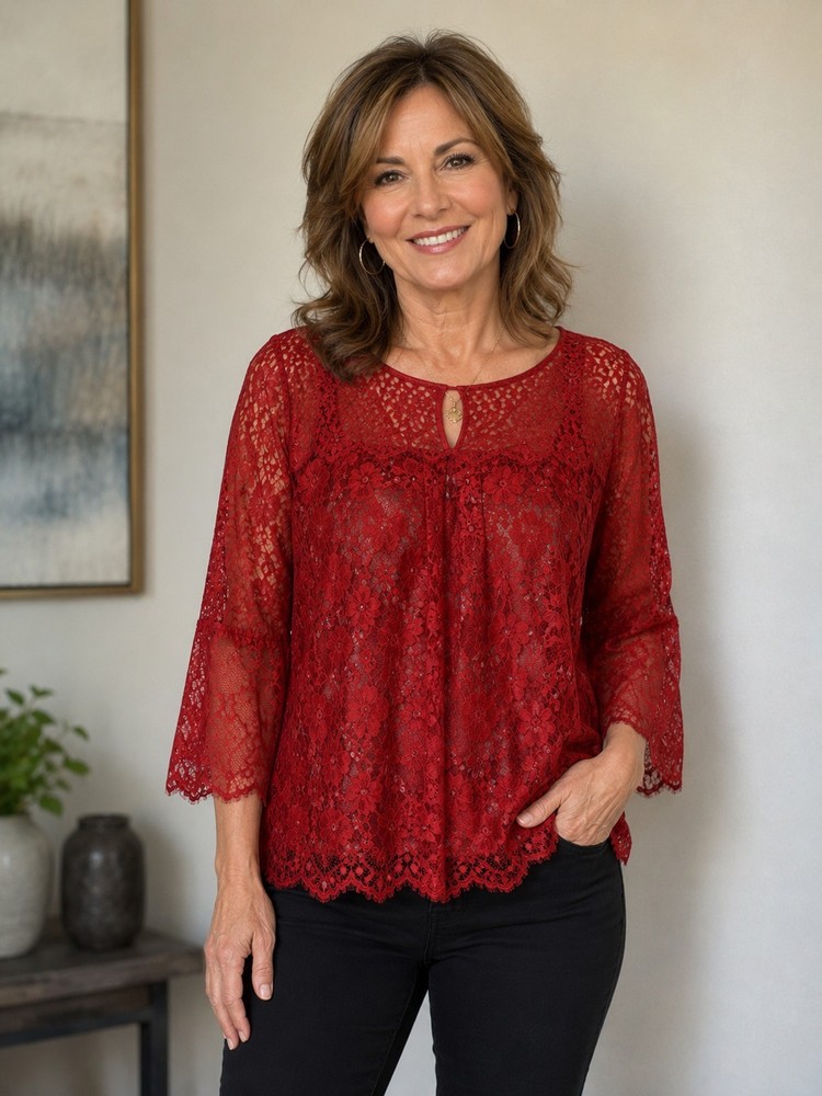 Women's Red Floral Lace Sheer Bell Sleeve Crew Neck Blouse Long Sleeve M/L