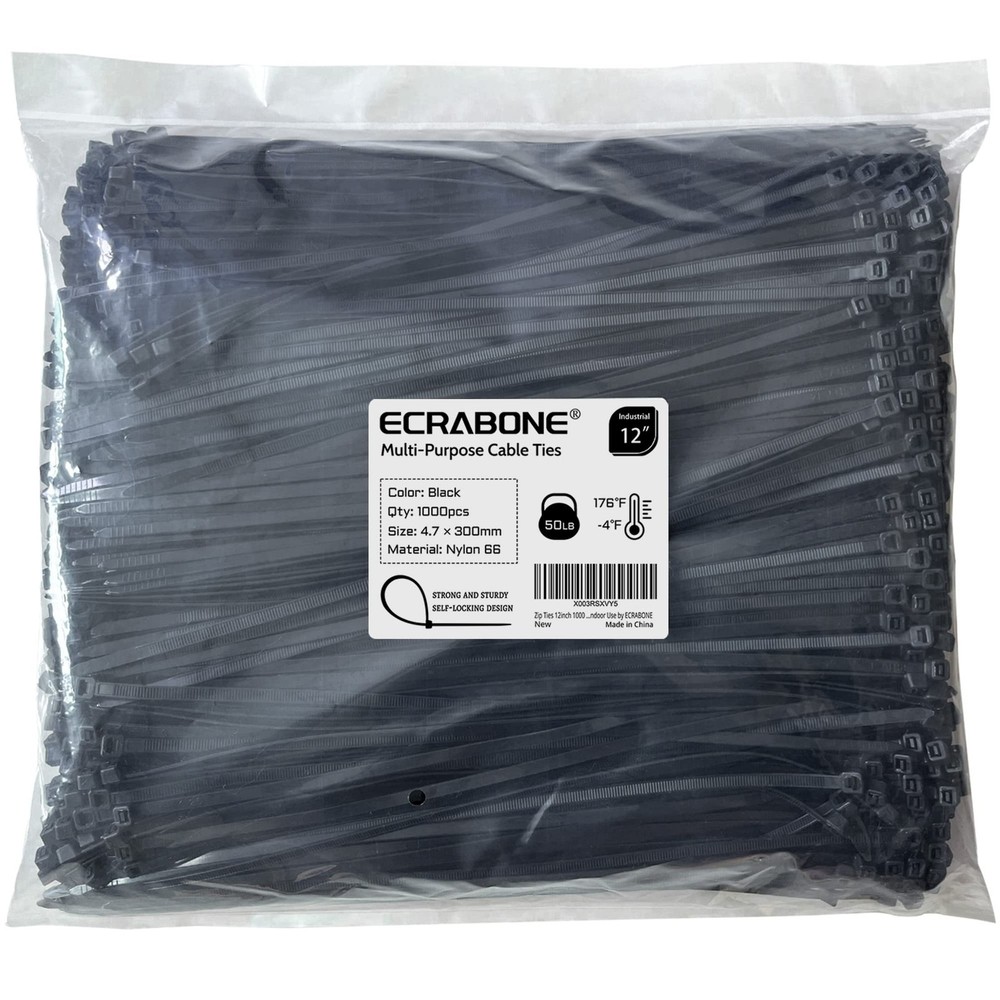 12-Inch Black Zip Ties 1000-Pack 50 lbs Tensile Strength Nylon Cable Ties