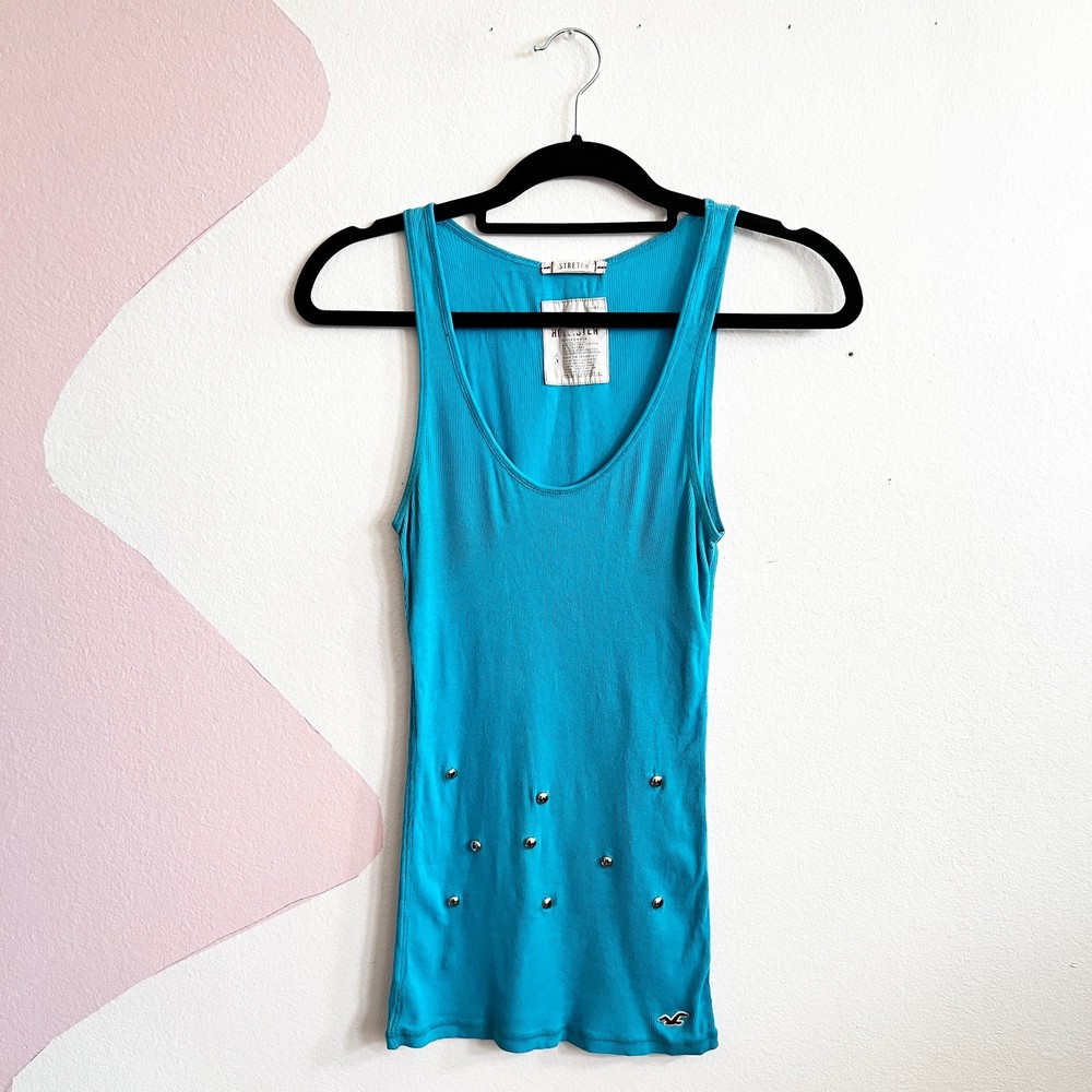 Vintage Y2K Hollister Blue Ribbed Tank Top 2000s Retro Preppy Small