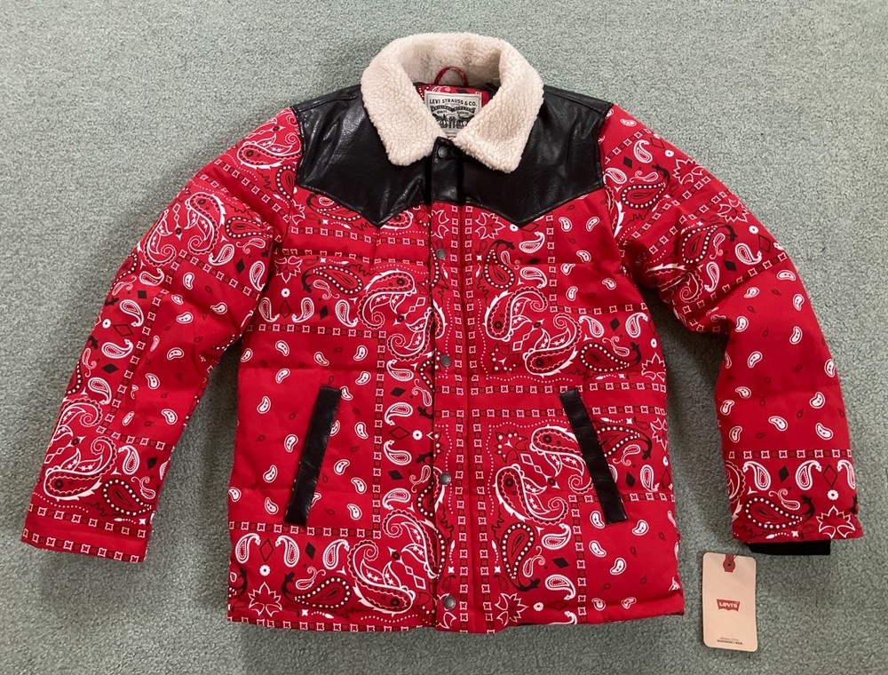 NWT Men’s Levi Strauss Bandana Sherpa Western Puffer Faux Leather Red Jacket S