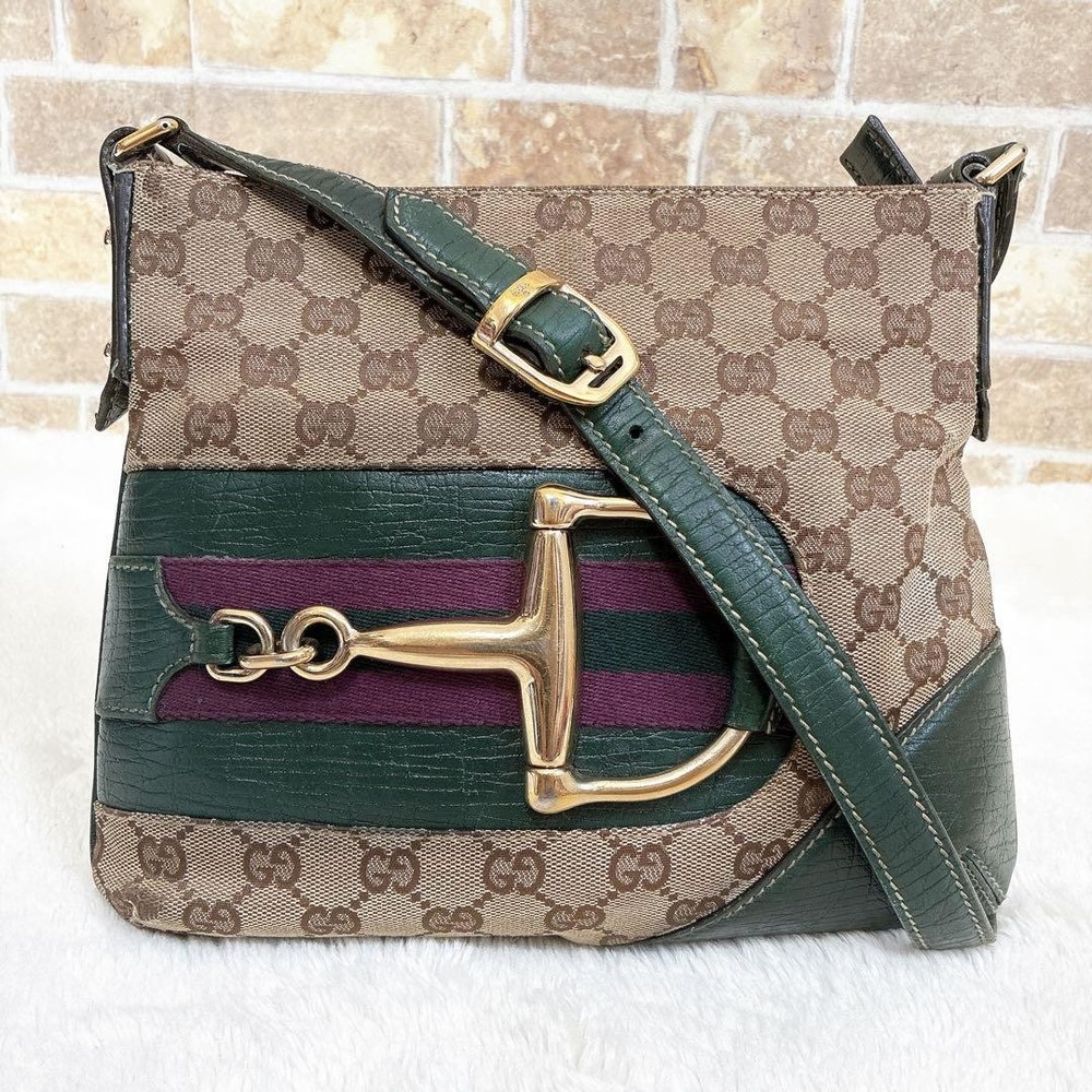 Gucci Vintage Horsebit Crossbody Bag in Canvas and Leather Sherry Line