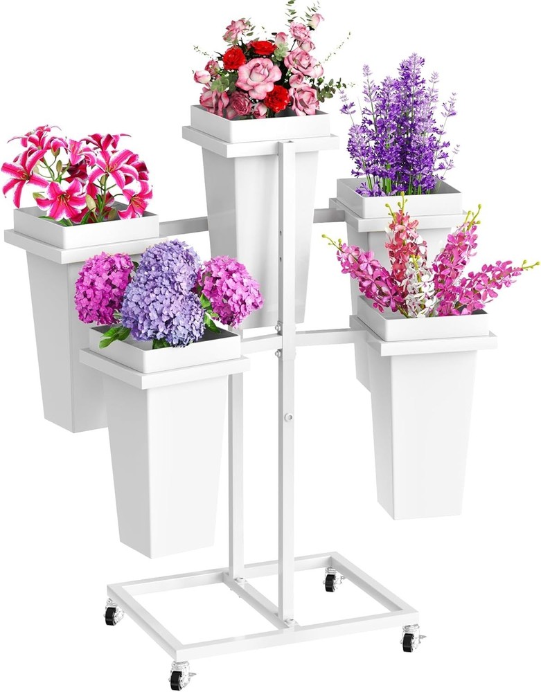 Flower Display Stand W/ Buckets Wedding Flower Cart W/ Wheels White Flower Pot