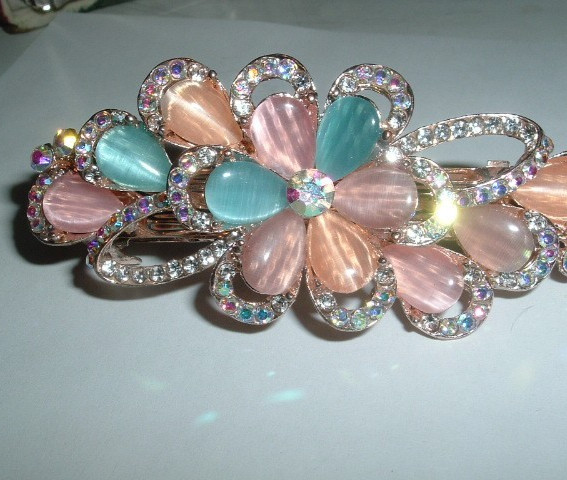 Pastel Crystal And Aurora Borealis Rhinestone Floral Hair Barrette